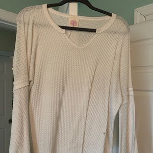 White Waffle Print Bell Sleeve Long Sleeve Shirt